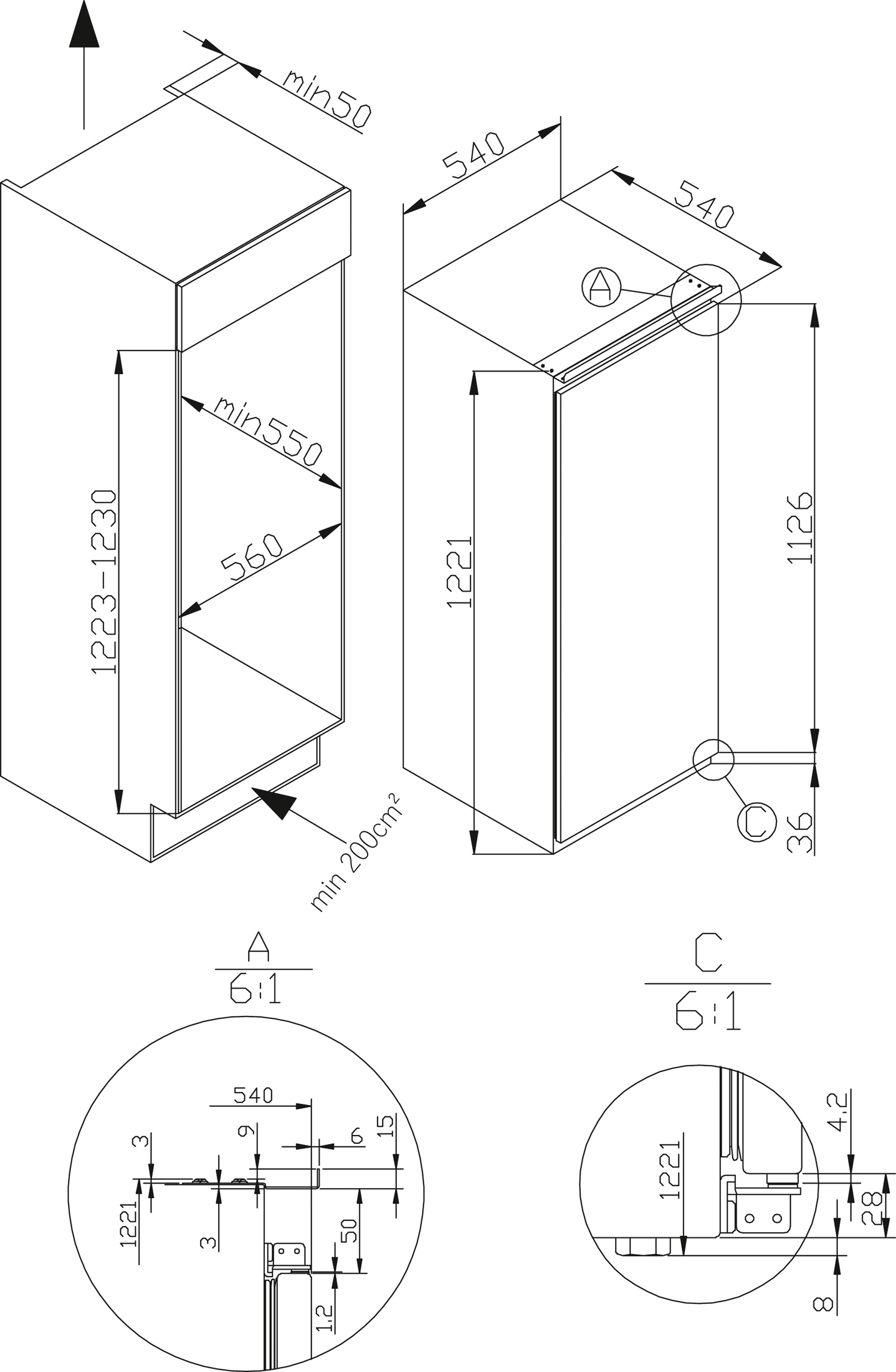 Amica Einbau-Vollraum-Kühlschrank 122.1 x 54 x 54 cm EVKSS352220